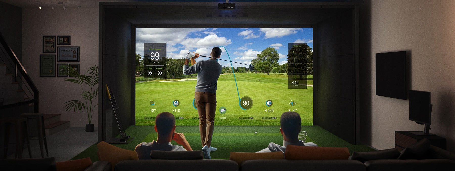 Home golf simulator built into a finished basement