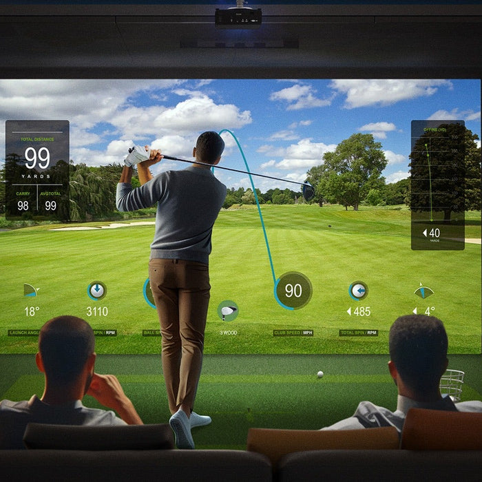 Home golf simulator built into a finished basement