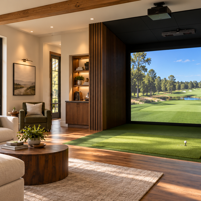 Home golf simulator room with a course displayed on the impact screen
