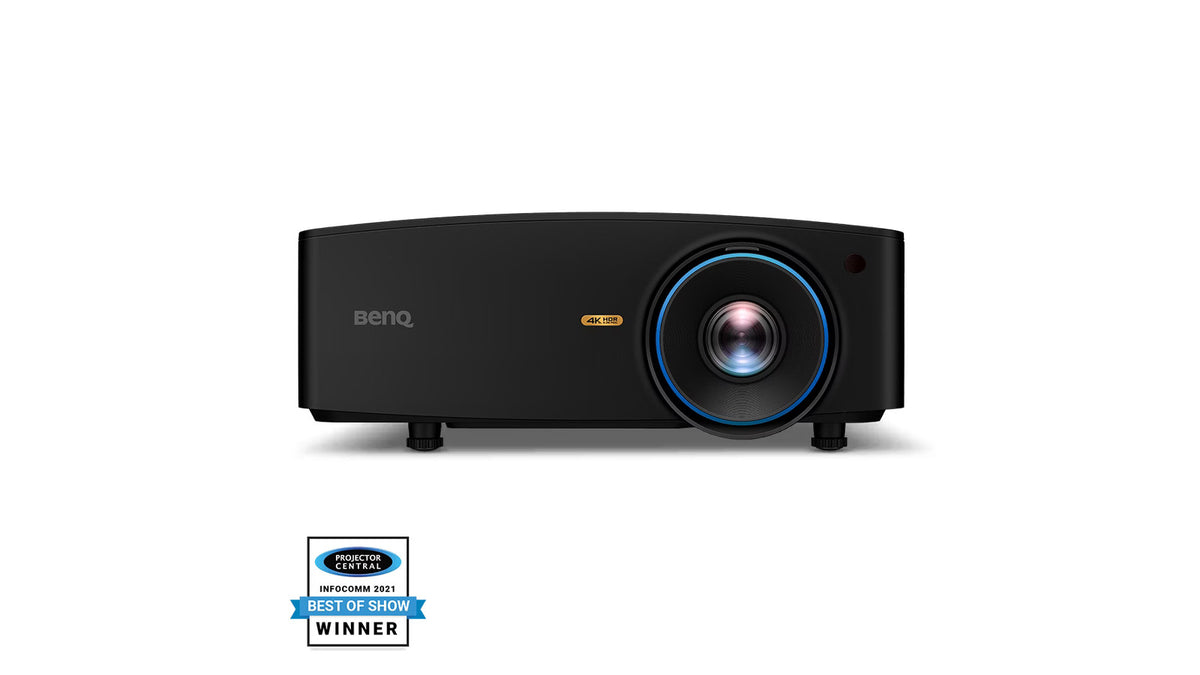 BenQ LK936ST 4K laser projector front view with illuminated blue lens ring, featuring a ProjectorCentral InfoComm 2021 Best of Show Winner award badge