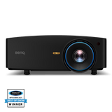 BenQ LK936ST 4K laser projector front view with illuminated blue lens ring, featuring a ProjectorCentral InfoComm 2021 Best of Show Winner award badge