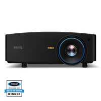 BenQ LK936ST 4K laser projector front view with illuminated blue lens ring, featuring a ProjectorCentral InfoComm 2021 Best of Show Winner award badge