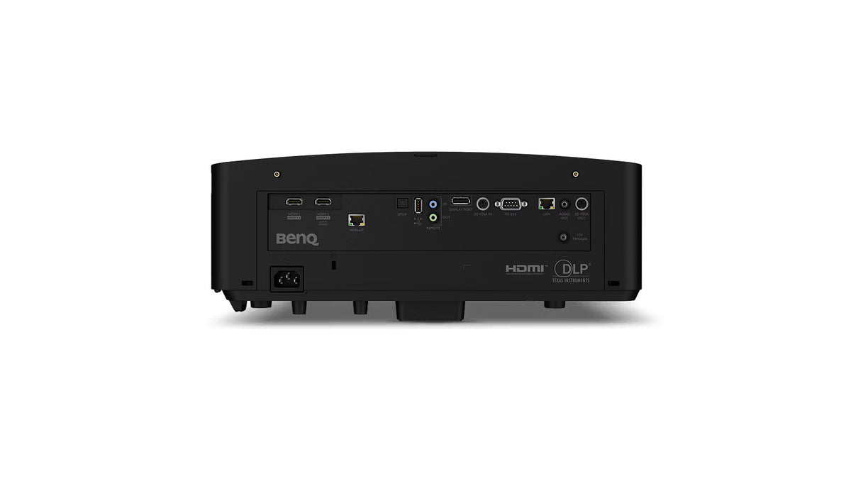 Rear view of the BenQ LK936ST projector showing dual HDMI ports, USB, RS232, VGA, LAN, audio, and trigger connections along with the power inlet