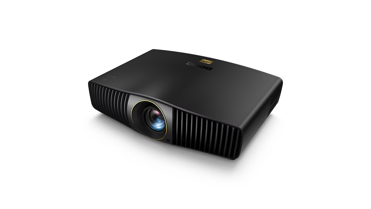 BenQ BR9708 4K laser projector elevated angled view showing the top panel and lens, product photo on a transparent background