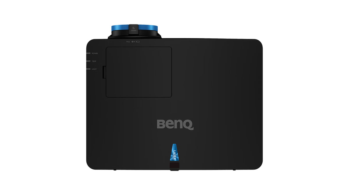 Top down view of the BenQ LK936ST projector showing the zoom and focus control ring, power, temperature, and light status indicators, and BenQ logo