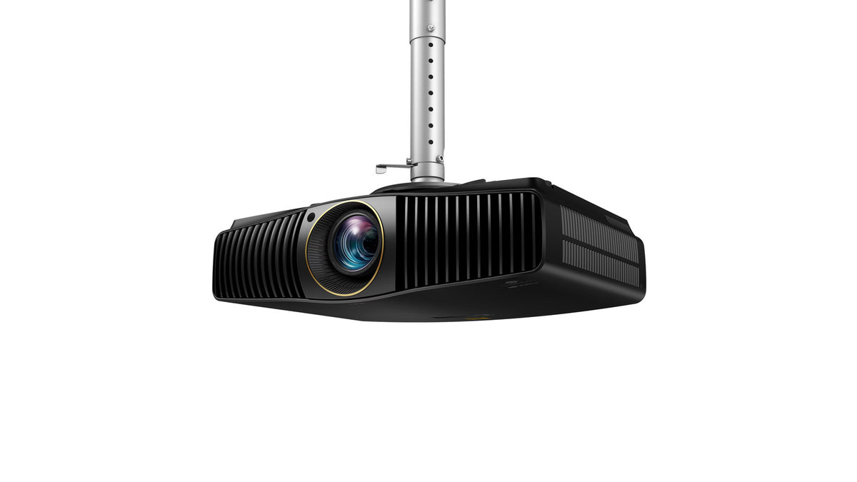 Front angled view of the BenQ BR9708 projector mounted on a ceiling mount pole, showing the lens