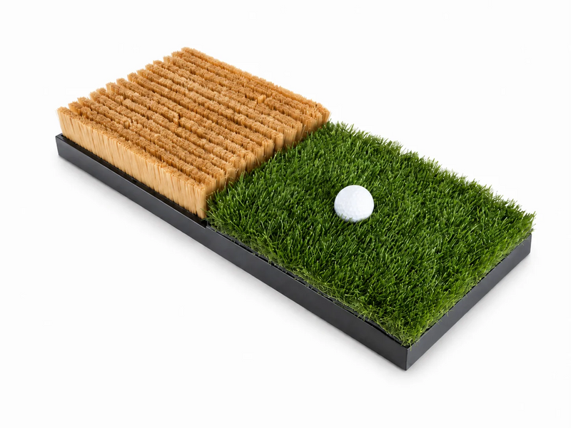 Uneekor EYE XO2 Trouble Mat, rough and bunker practice mat with golf ball on the turf surface