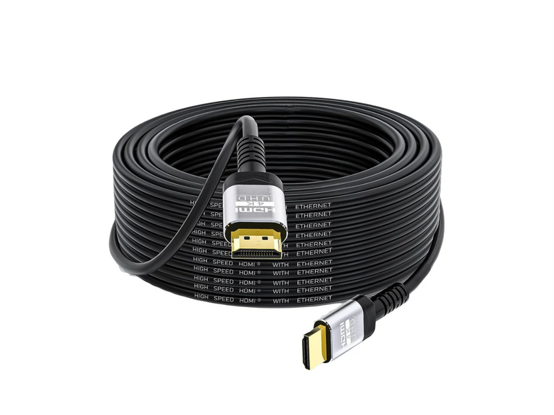 Uneekor 30ft 4K HDMI Cable, coiled with gold plated and silver HDMI connectors on a white background