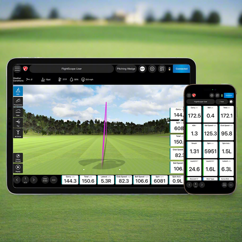 Mevo Gen2 Launch Monitor device on a golf course with digital display and smartphone showing app interface.