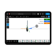 Tablet displaying a software interface with graphs and data on a white background