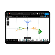 Digital tablet displaying flight simulation software with various metrics and graphics.