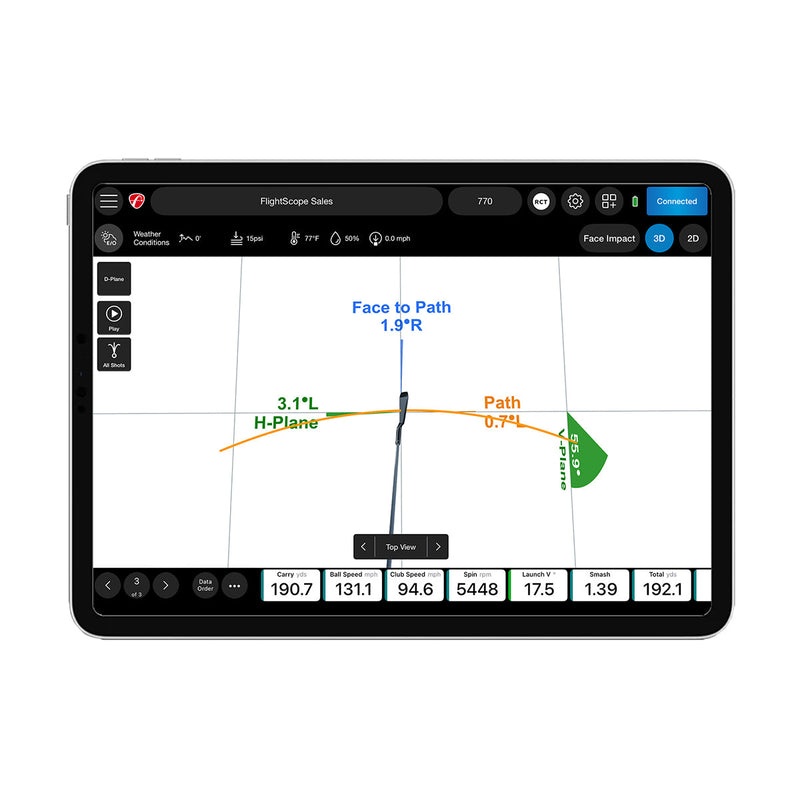 Digital tablet displaying flight simulation software from teh Pro Package and Face Impact Location with various metrics and graphics on a white background