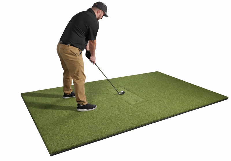 EYE XO2 curved golf simulator package hitting area with HotShot mat