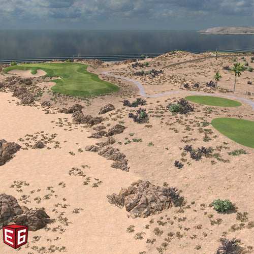 Aerial view of a desert golf course with green fairways and rocky terrain from the E6 CONNECT - Home