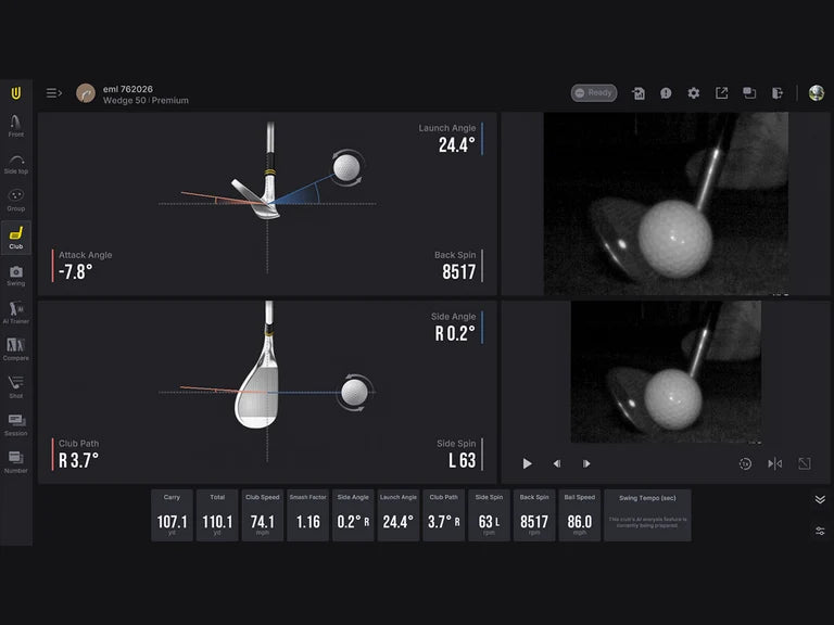 Uneekor Eye Mini Club Optix software screen showing swing path diagrams, high speed impact photos, and shot data