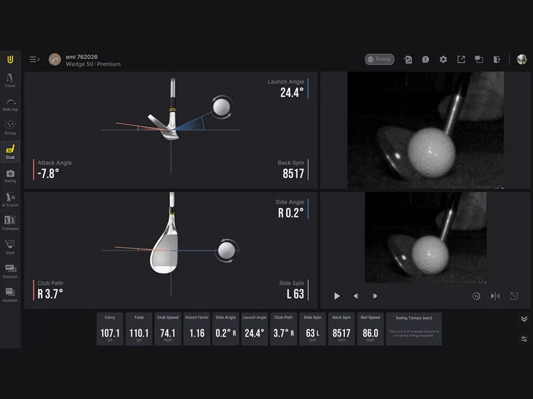 Uneekor EYE MINI Club Optix software screen showing swing path diagrams, high speed impact photos, and shot data