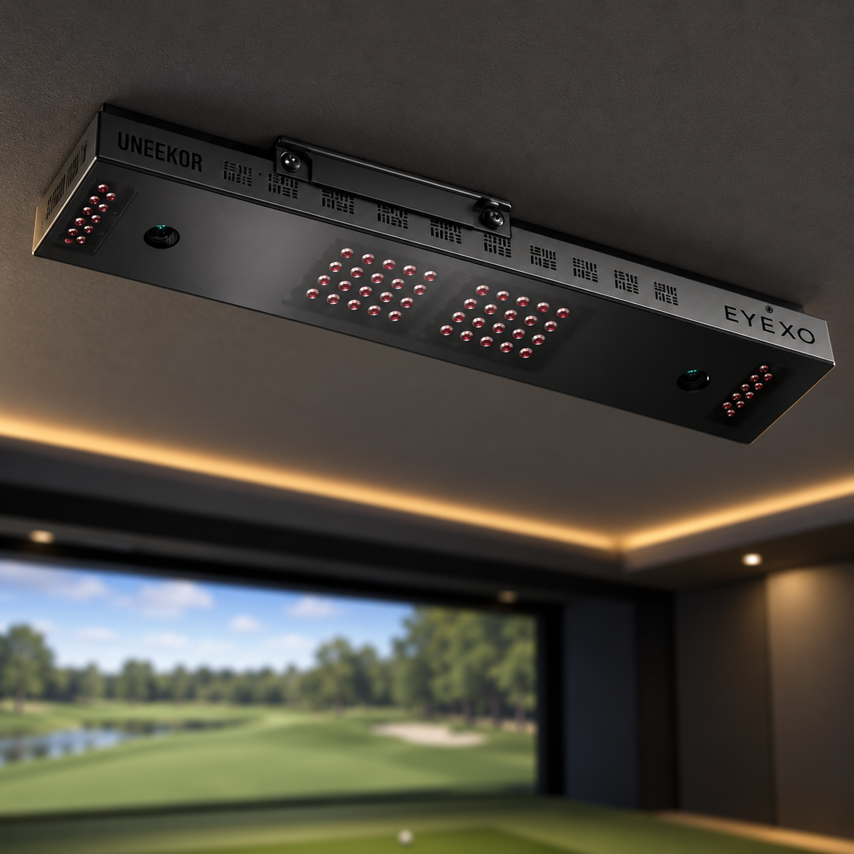 Uneekor Eye XO overhead golf launch monitor mounted on the ceiling of an indoor golf simulator room