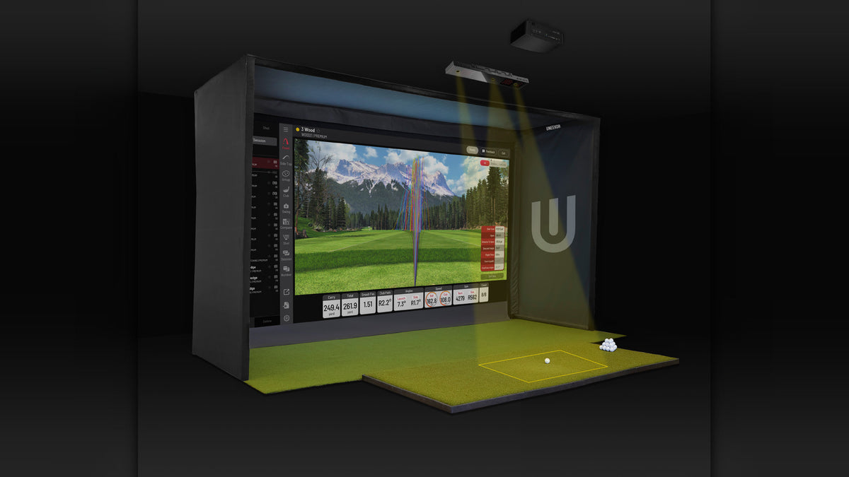 3D rendered angle view of a golf simulator enclosure with the Uneekor Eye XO2 mounted overhead and shot dispersion shown on screen