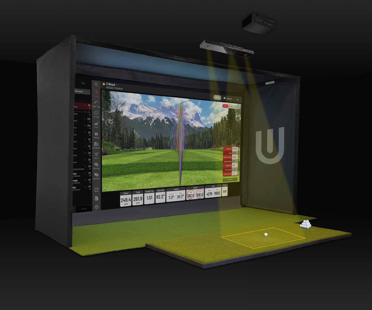 3D rendered angle view of a golf simulator enclosure with the Uneekor Eye XO2 mounted overhead and shot dispersion shown on screen
