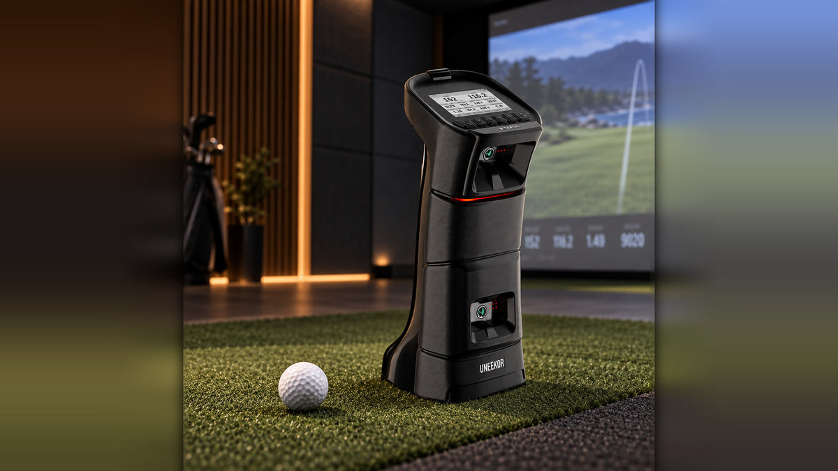 Uneekor Eye Mini portable launch monitor standing on turf with built in display, golf ball nearby and simulator screen in the background