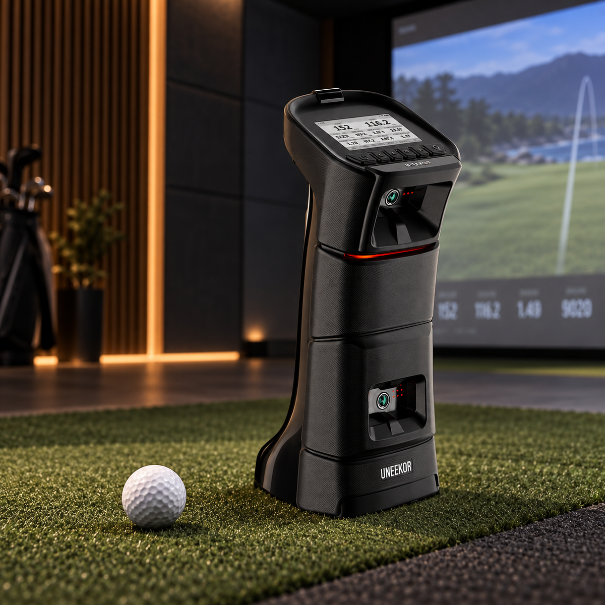 Uneekor Eye Mini portable launch monitor standing on turf with built in display, golf ball nearby and simulator screen in the background
