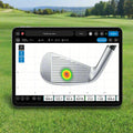 Golf club with digital display from the FlightScope Face Impact Location on a tablet screen, set against a golf course background 
