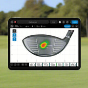 Golf club head with FlightScope Face Impact Location software display on a green background
