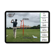 Golf swing analysis on a tablet screen with various metrics displayed from the FlightScope Face Impact Location