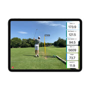 Golf swing analysis on a tablet screen with on-screen metrics for the Mevo Gen2 Launch Monitor