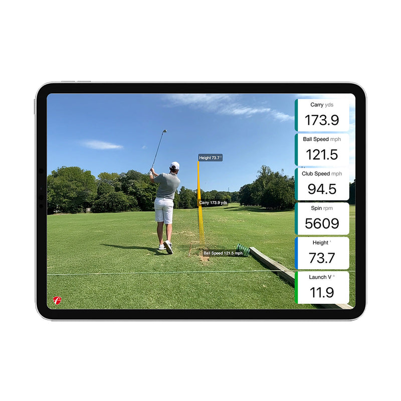 Golf swing analysis on a tablet screen with on-screen metrics for the Mevo Gen2 Launch Monitor