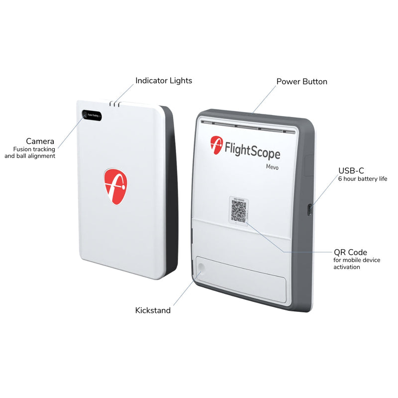 FlightScope Mevo device with labeled features on a white background
