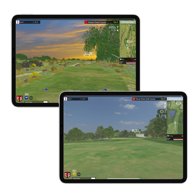 Two tablets displaying golf course simulations from Mevo Gen2 Launch Monitor