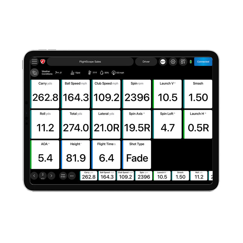 Mevo+ display of golf ball launch and spin data on a tablet screen
