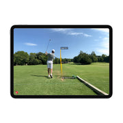 Mevg+ Golf swing analysis on a screen with a golfer on a green field.