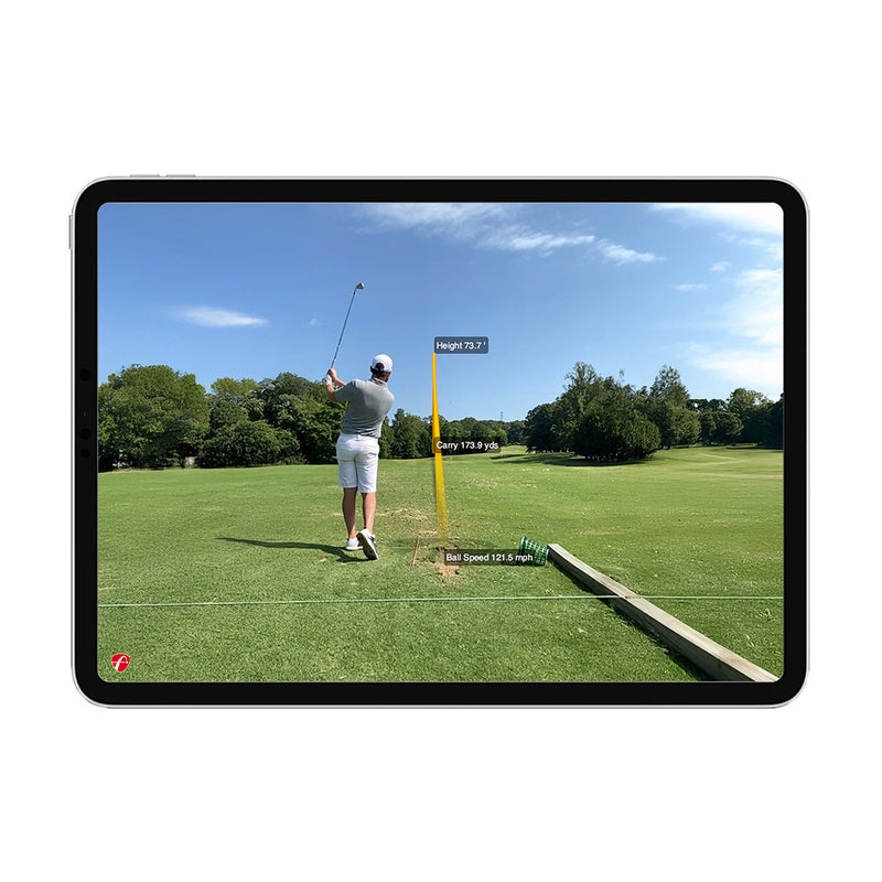 Mevg+ Golf swing analysis on a screen with a golfer on a green field.
