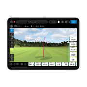 Mevo+ app on a tablet screen with a golf course and statistical data displayed.