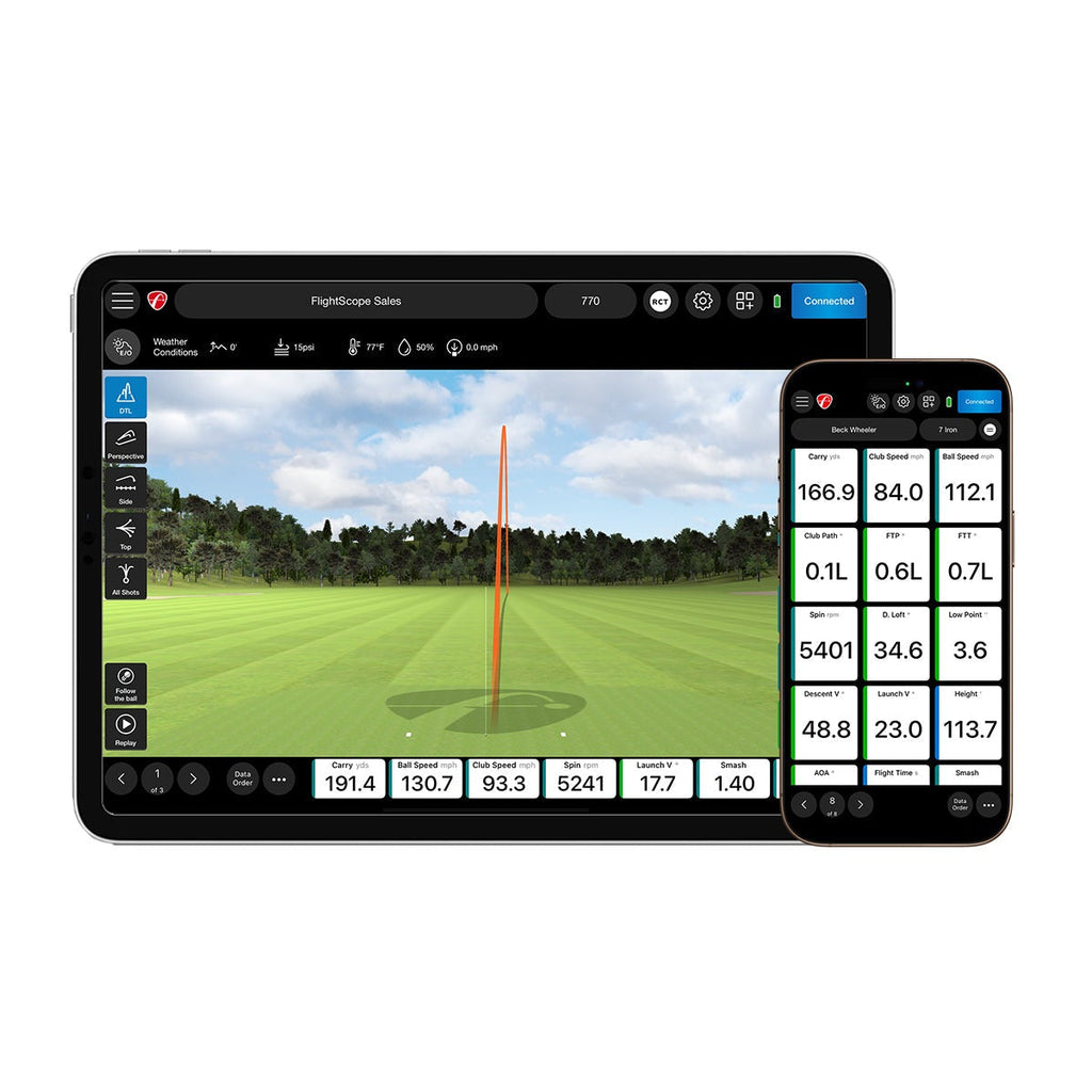 Pro Package and Face Impact Location screen displaying a golf course and smartphone showing additional metrics.