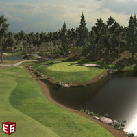 Rendered virtual golf course from the E6 CONNECT Home course library, showing a green beside a water hazard and surrounded by pine trees