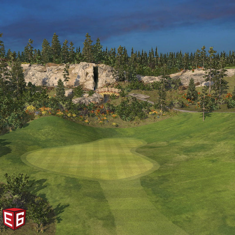 E6 CONNECT - Home golf course with green fairway, trees, and cliffs under a blue sky.