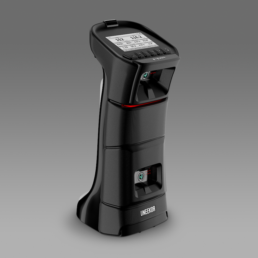 Angled three quarter view product photo of the Uneekor Eye Mini launch monitor on a gray background