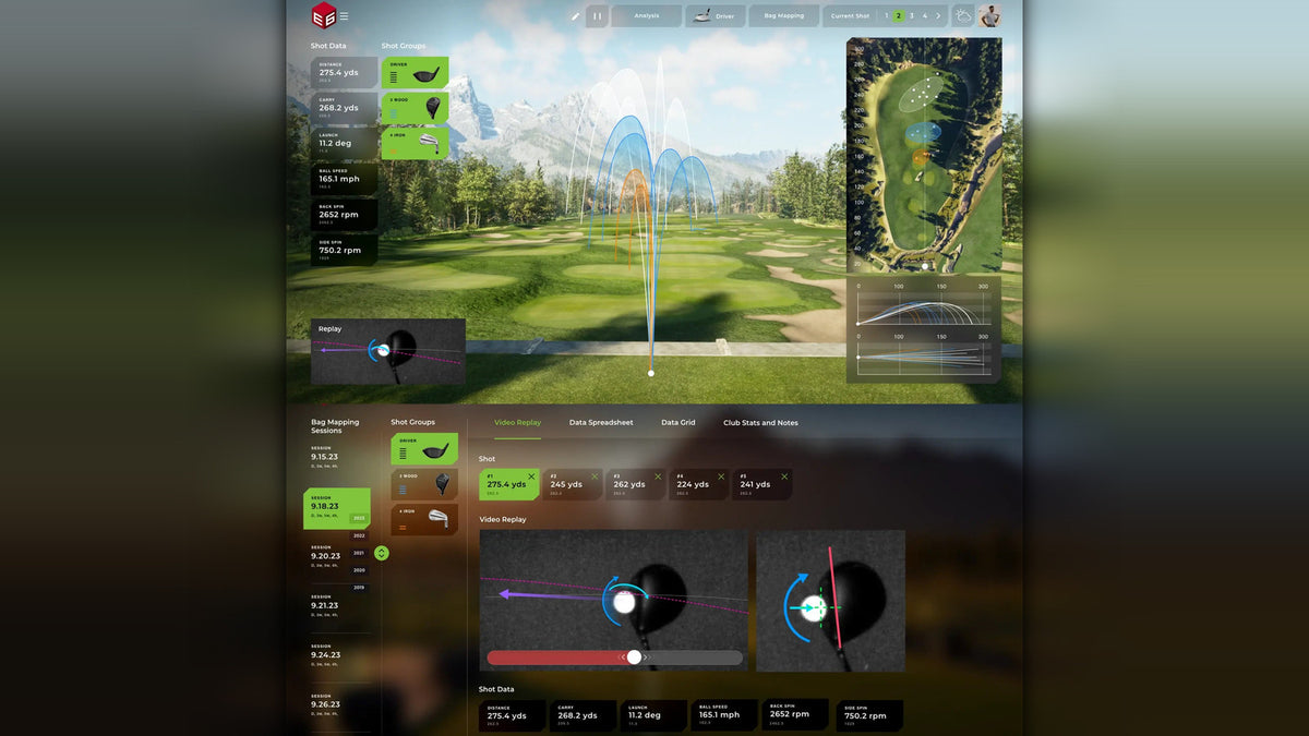 TruGolf simulator software interface showing shot trajectory arcs over a course flyover, a green overview map, video replay of the swing, and shot data such as distance, carry, launch angle, ball speed, and spin rate