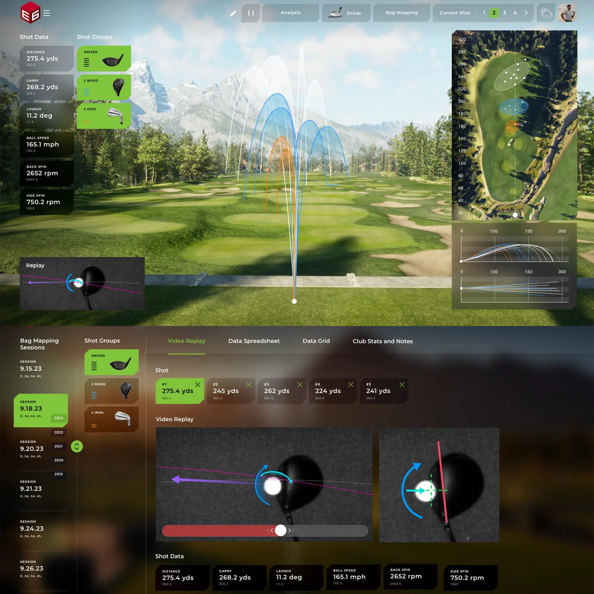 TruGolf simulator software interface showing shot trajectory arcs over a course flyover, a green overview map, video replay of the swing, and shot data such as distance, carry, launch angle, ball speed, and spin rate