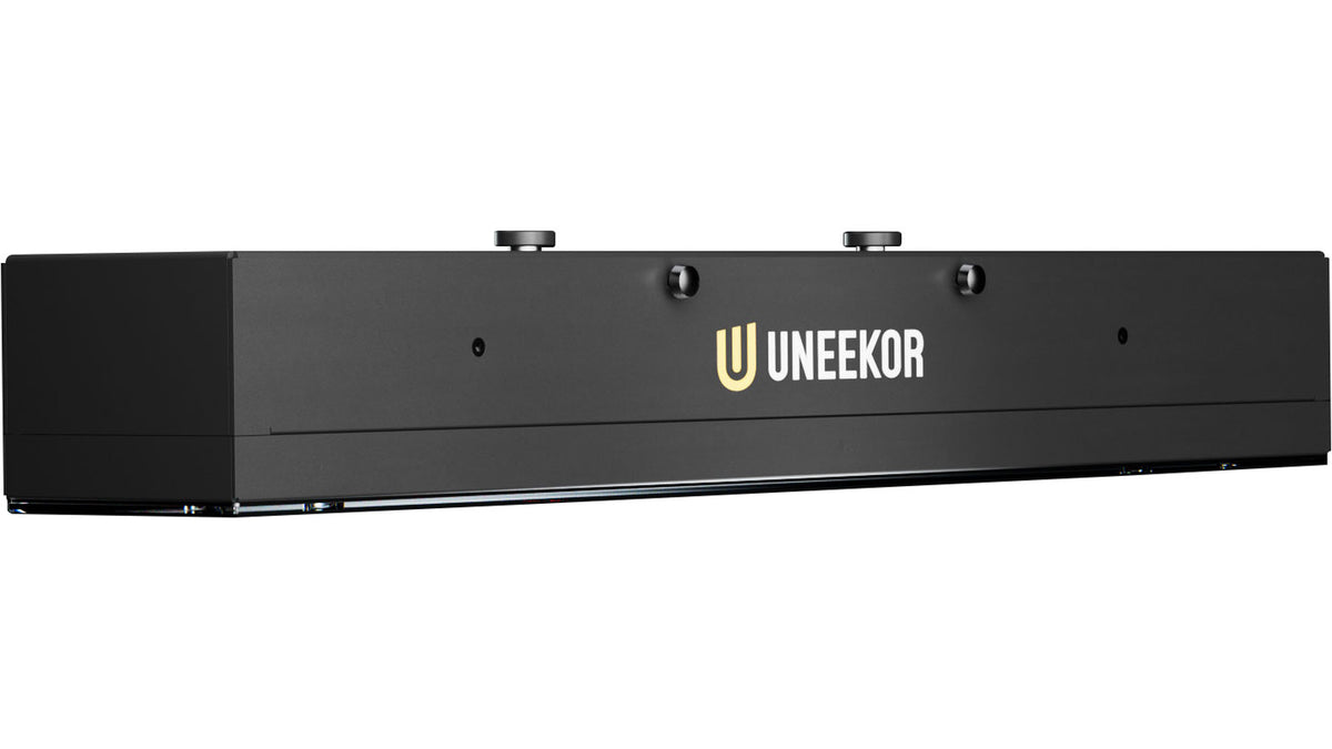 Three quarter right angle view of the Uneekor Eye XR launch monitor unit with logo
