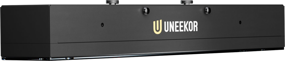 Three quarter right angle view of the Uneekor Eye XR launch monitor unit with logo