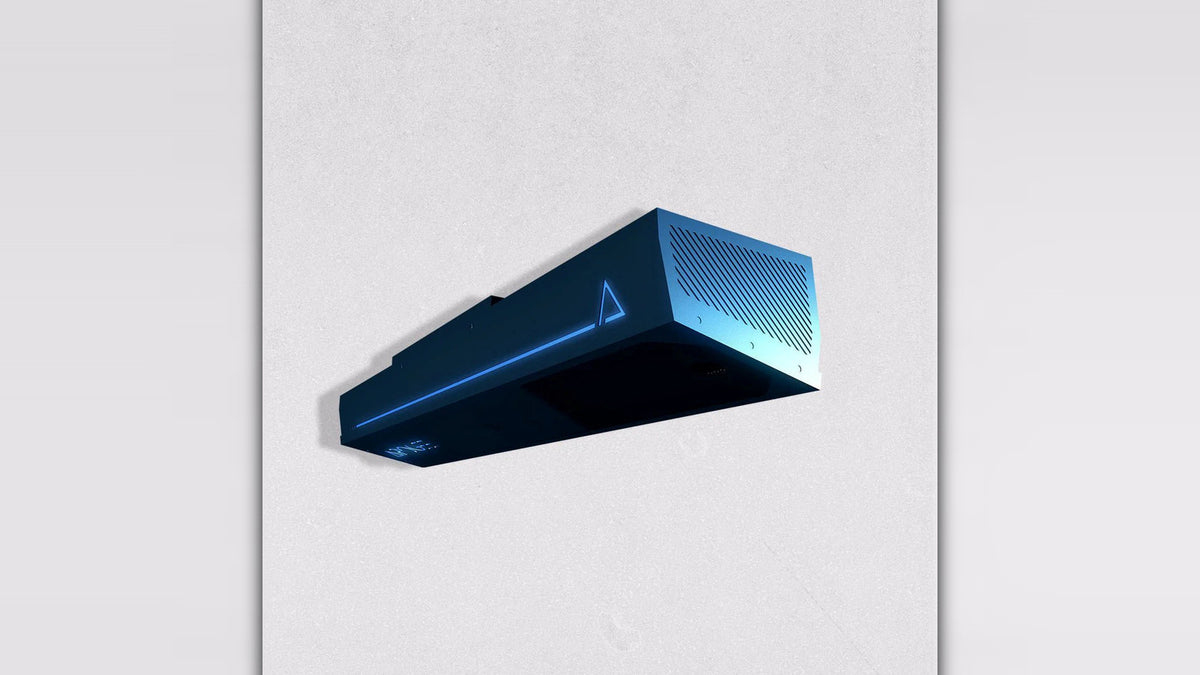 TruGolf APOGEE launch monitor unit shown at an angle, a dark rectangular device with vent slats and a glowing blue triangle logo, on a light gray background
