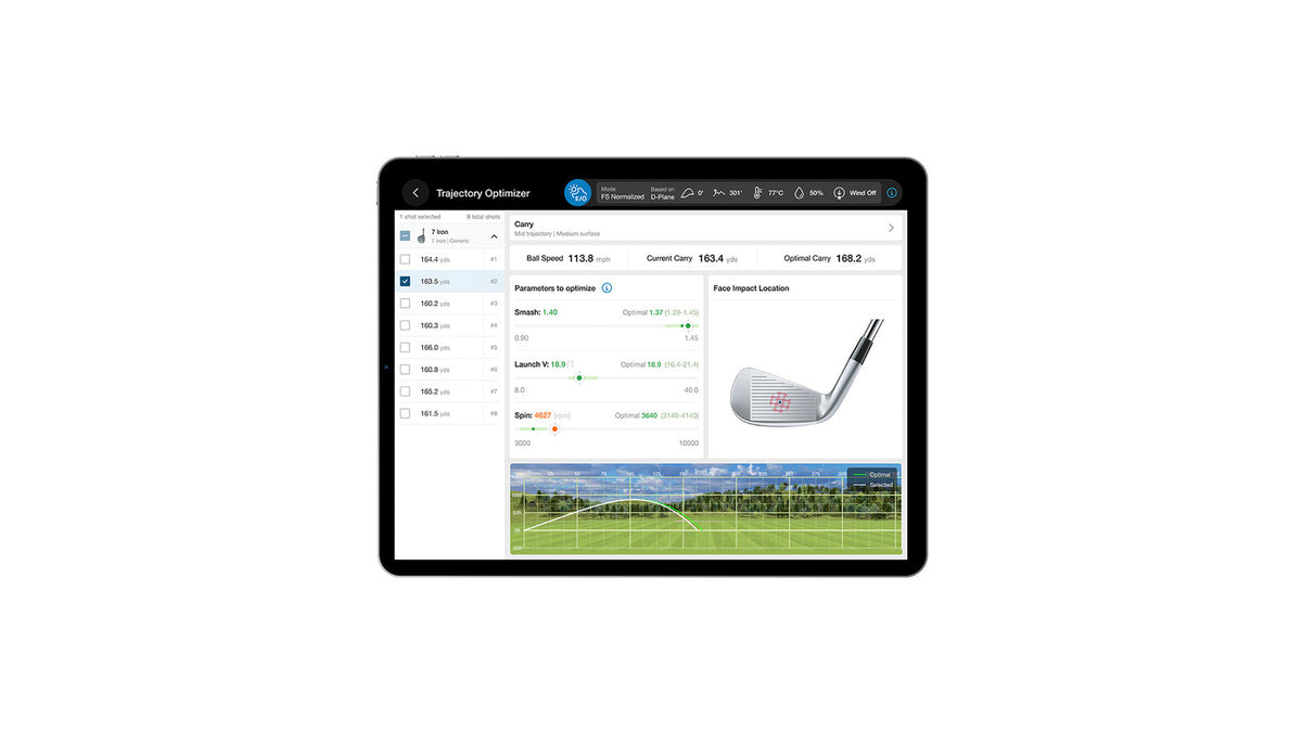 Screenshot of the FlightScope Trajectory Optimizer app screen for a 7 iron shot, showing carry distance, smash factor, launch angle and spin rate versus optimal values, a face impact location diagram, and a shot trajectory graph