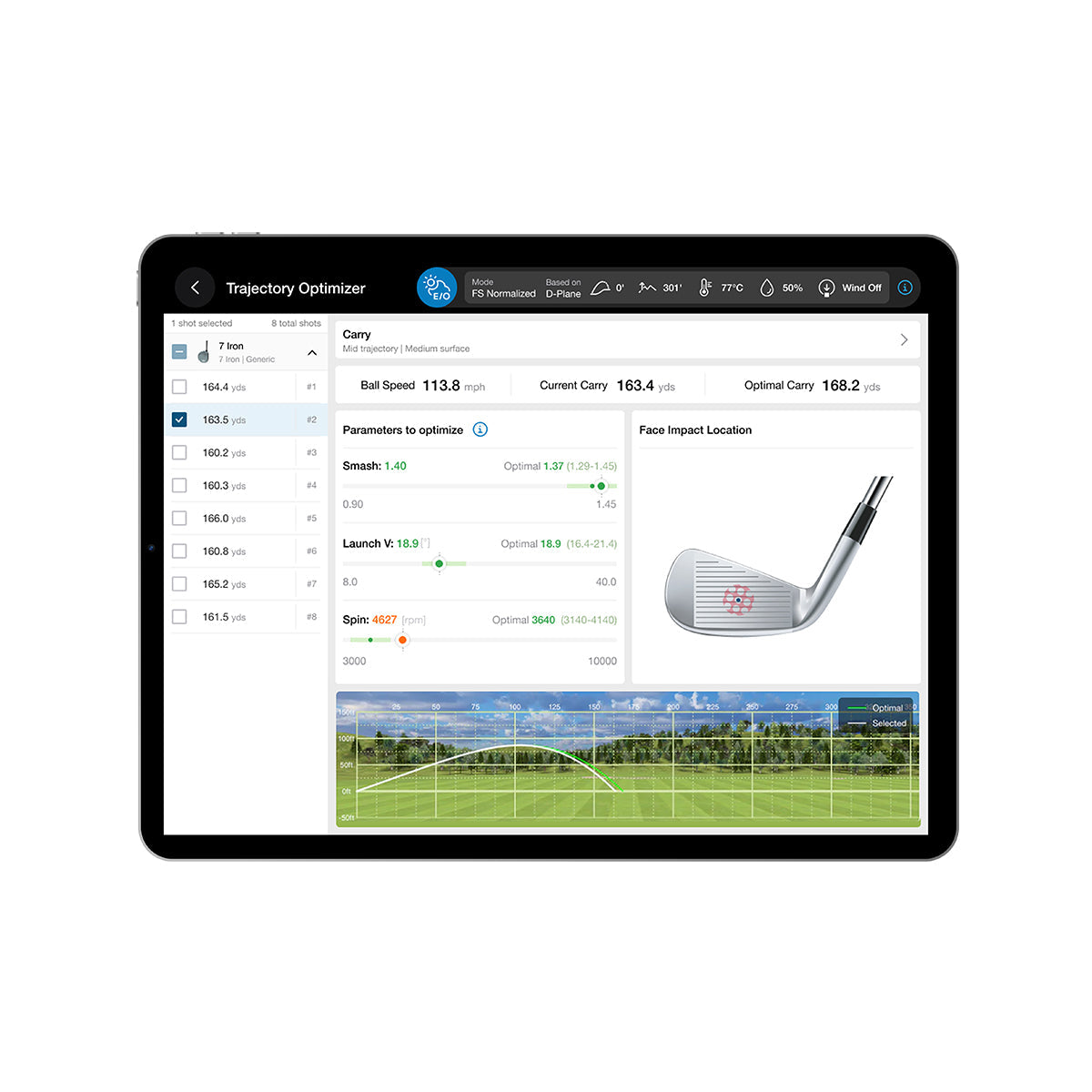 Screenshot of the FlightScope Trajectory Optimizer app screen for a 7 iron shot, showing carry distance, smash factor, launch angle and spin rate versus optimal values, a face impact location diagram, and a shot trajectory graph