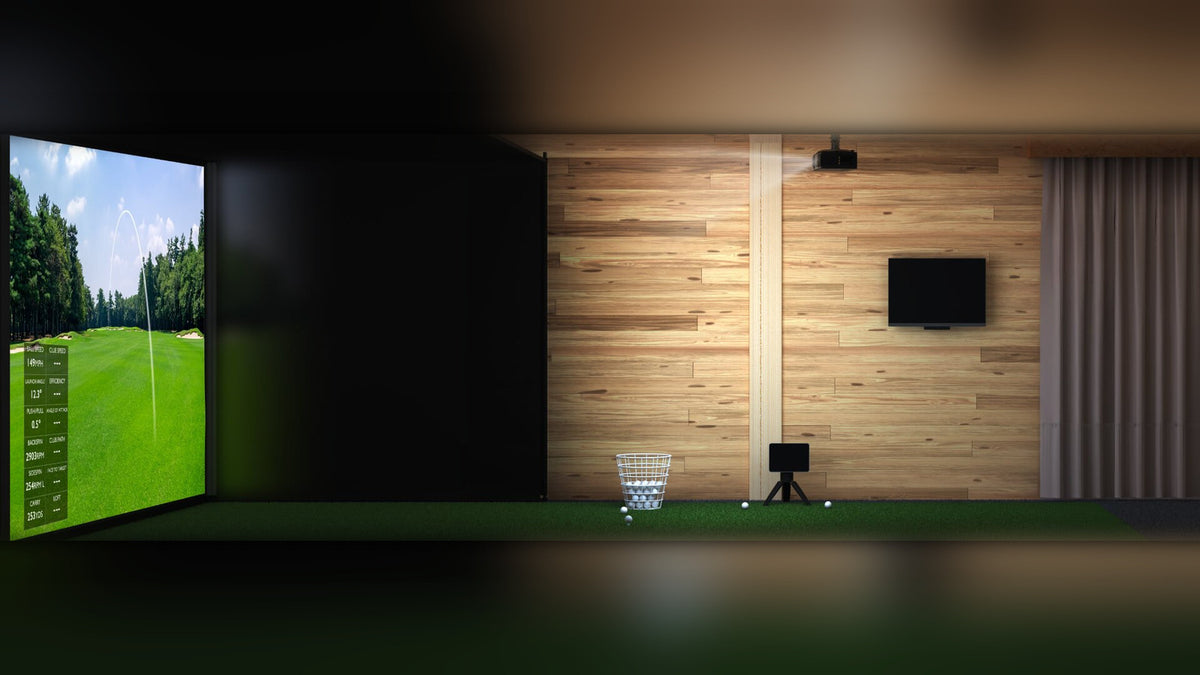 Golf simulator setup with BenQ AH30ST short throw projector placed close to the screen