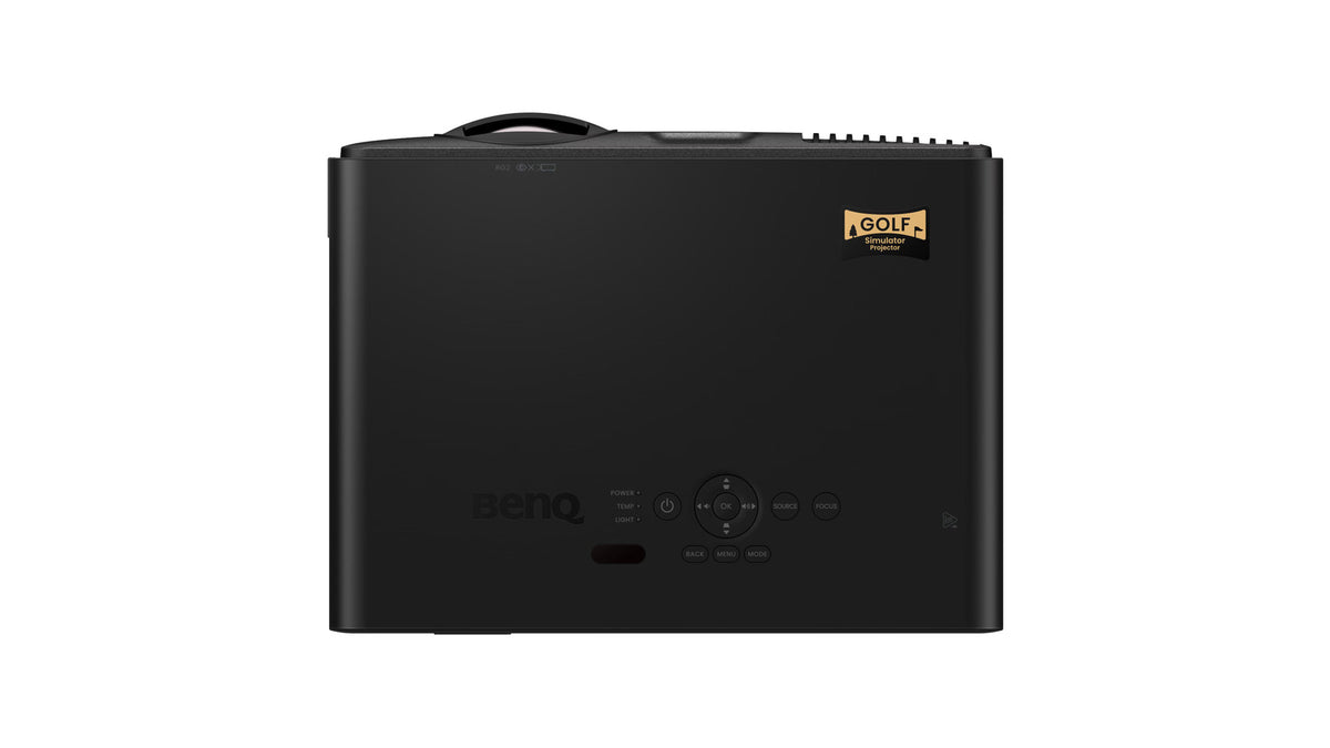 Top view of the BenQ AK700ST projector showing the control panel with directional pad and buttons, BenQ logo, and a Golf Simulator Projector badge