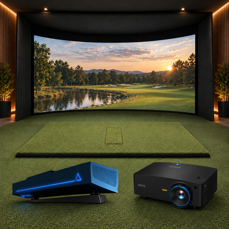 APOGEE Curved Golf Simulator Package with Carl's curved enclosure, TruGolf APOGEE, BenQ LK936ST projector and HotShot mat